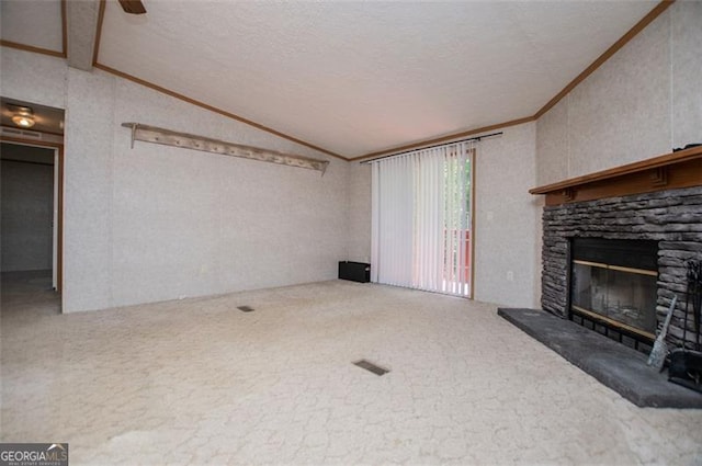 1530 Mcbrayer, Temple, GA 30179 - unfurnished living room featuring lofted ceiling, crown molding, a stone fireplace, and carpet