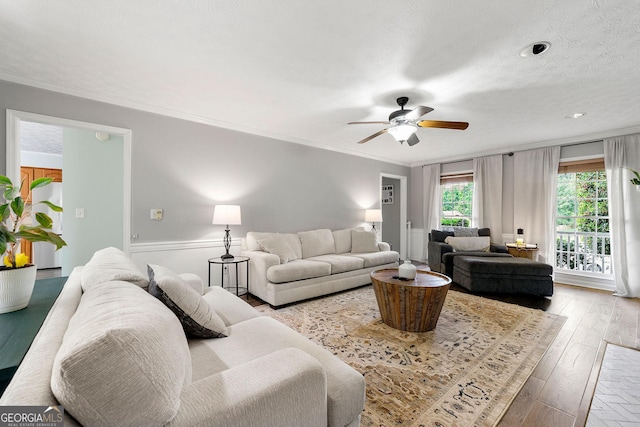 living area featuring crown molding, ceiling fan, and hardwood / wood-style flooring