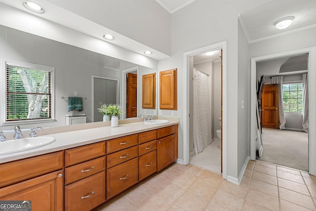 full bath with a sink, ornamental molding, toilet, and double vanity