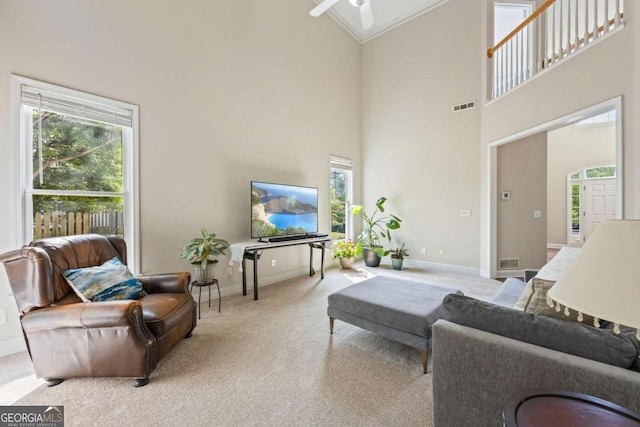 2745 Princeton Trce, Cumming, GA 30041 - living area featuring plenty of natural light, baseboards, visible vents, carpet, and high vaulted ceiling