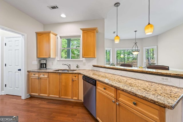 2745 Princeton Trce, Cumming, GA 30041 - kitchen with dishwasher, visible vents, a sink, a peninsula, and dark wood-style flooring