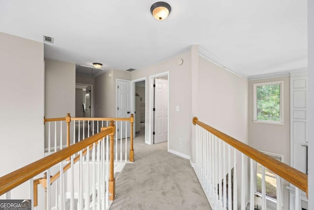2745 Princeton Trce, Cumming, GA 30041 - corridor with an upstairs landing, attic access, carpet, baseboards, and visible vents
