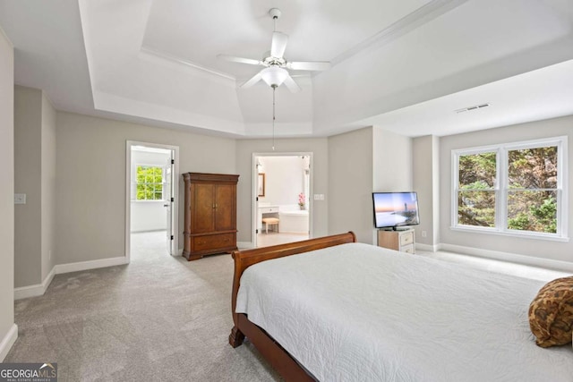 2745 Princeton Trce, Cumming, GA 30041 - carpeted bedroom with a ceiling fan, ensuite bathroom, a tray ceiling, baseboards, and visible vents