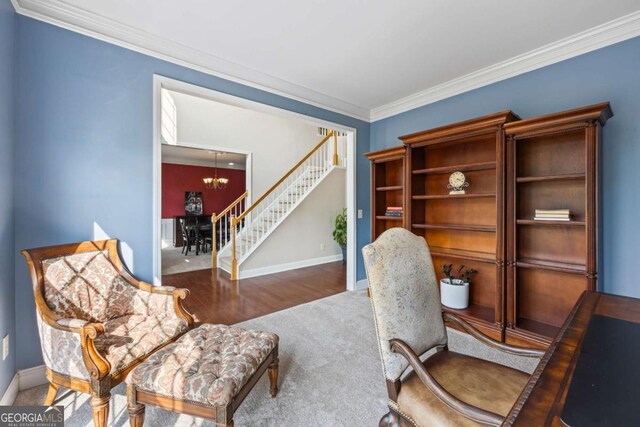 2745 Princeton Trce, Cumming, GA 30041 - office with wood finished floors, a chandelier, baseboards, ornamental molding, and carpet flooring