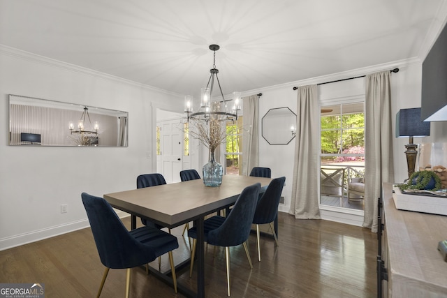 4440 Webb Bridge Rd, Alpharetta, GA 30005 - dining area featuring a chandelier, ornamental molding, dark wood-style flooring, and baseboards