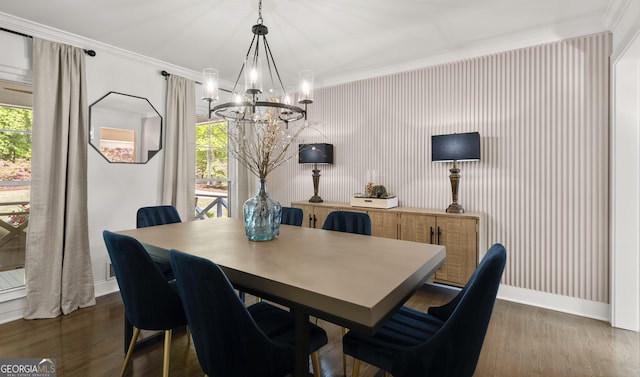 4440 Webb Bridge Rd, Alpharetta, GA 30005 - dining room featuring a chandelier, ornamental molding, dark wood finished floors, and baseboards