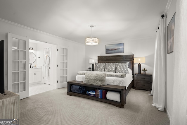 4440 Webb Bridge Rd, Alpharetta, GA 30005 - bedroom with carpet, crown molding, french doors, baseboards, and ensuite bath