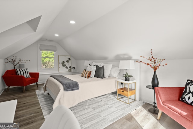 4440 Webb Bridge Rd, Alpharetta, GA 30005 - bedroom featuring wood finished floors, vaulted ceiling, recessed lighting, and baseboards