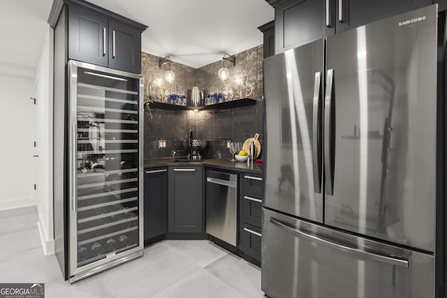 4440 Webb Bridge Rd, Alpharetta, GA 30005 - kitchen with appliances with stainless steel finishes, beverage cooler, dark countertops, backsplash, and open shelves