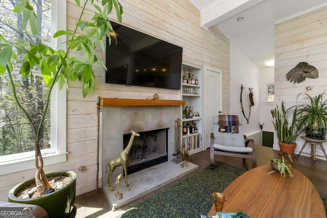 124 Nichols Branch Ln, Clayton, GA 30525 - living room featuring wooden walls, a premium fireplace, and wood finished floors