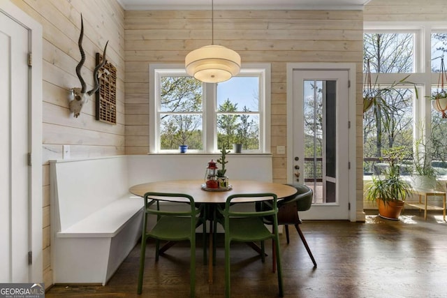 124 Nichols Branch Ln, Clayton, GA 30525 - dining room featuring wooden walls and dark wood finished floors