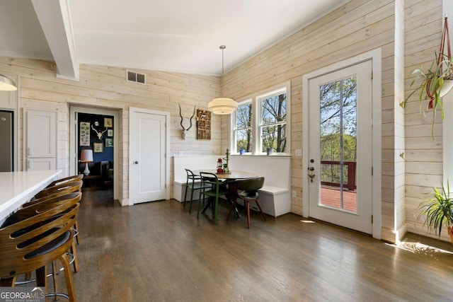 124 Nichols Branch Ln, Clayton, GA 30525 - dining space with dark wood finished floors and wooden walls