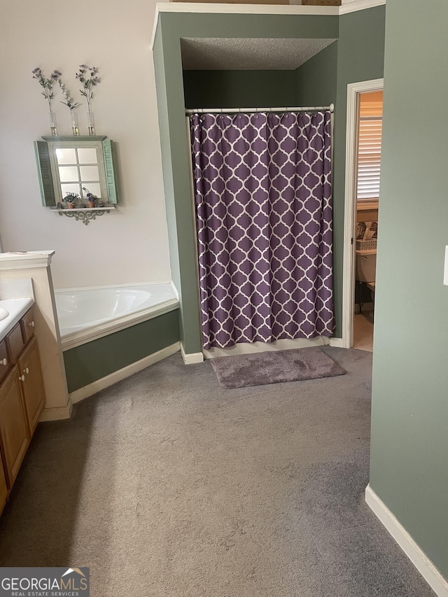 full bathroom featuring baseboards, a shower with shower curtain, a bath, and vanity