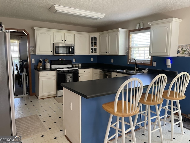 kitchen with a wealth of natural light, dark countertops, appliances with stainless steel finishes, and a sink