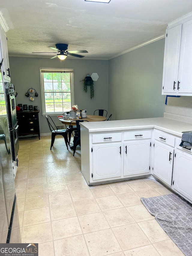 15 Laurelwood Cir, Griffin, GA 30224 - kitchen with ceiling fan, white cabinets, a peninsula, and crown molding