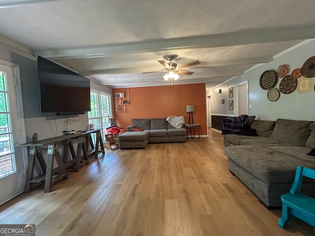 15 Laurelwood Cir, Griffin, GA 30224 - living room with crown molding, light wood finished floors, beam ceiling, and ceiling fan