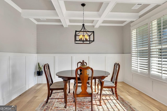 2710 Sandy Irwin Ct SW, Marietta, GA 30064 - dining space featuring coffered ceiling, beam ceiling, light wood-style floors, and a decorative wall