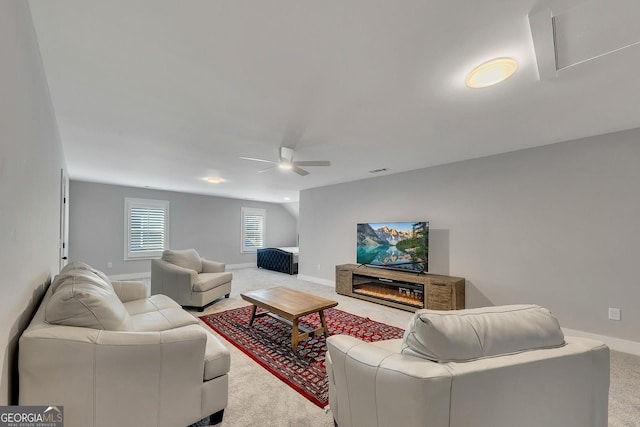 2710 Sandy Irwin Ct SW, Marietta, GA 30064 - living room with visible vents, carpet flooring, baseboards, and a ceiling fan