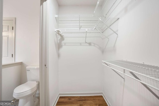 walk in closet with wood finished floors