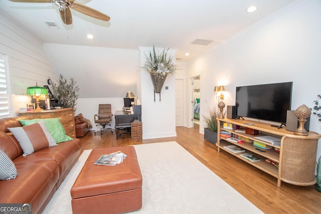living room featuring wood finished floors, ceiling fan, recessed lighting, and visible vents