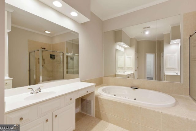 full bath with a bath, visible vents, tile patterned flooring, a shower stall, and ornamental molding
