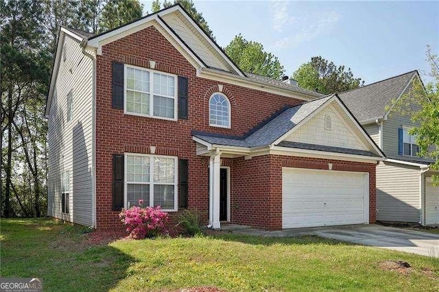 415 Clairidge Ln SW, Lawrenceville, GA 30046 - traditional home with an attached garage, a front lawn, brick siding, and concrete driveway