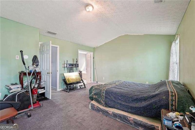 415 Clairidge Ln SW, Lawrenceville, GA 30046 - bedroom with carpet floors, visible vents, a textured ceiling, and vaulted ceiling