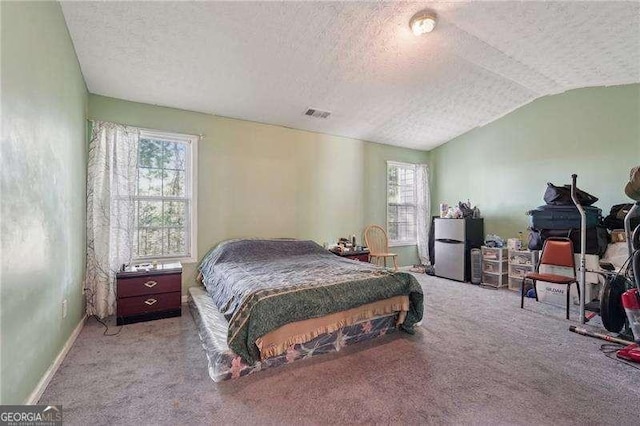 415 Clairidge Ln SW, Lawrenceville, GA 30046 - bedroom with freestanding refrigerator, carpet flooring, a textured ceiling, and multiple windows
