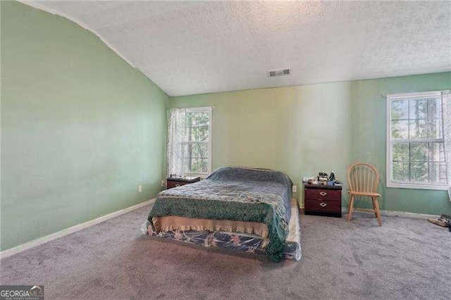 415 Clairidge Ln SW, Lawrenceville, GA 30046 - bedroom with vaulted ceiling, visible vents, baseboards, a textured ceiling, and carpet flooring