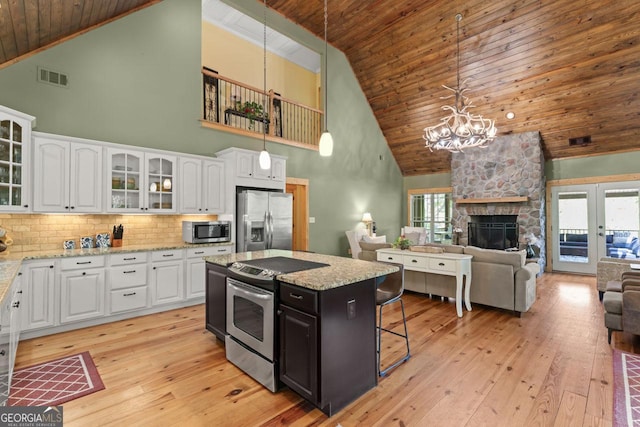 210 Lake Pines Rd, Jackson, GA 30233 - kitchen with wooden ceiling, high vaulted ceiling, visible vents, white cabinetry, and appliances with stainless steel finishes