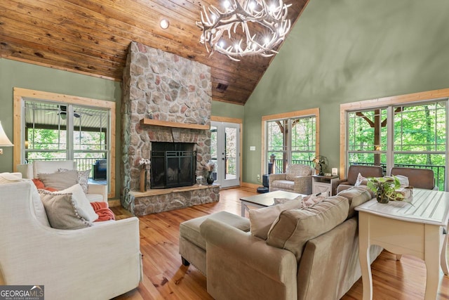 210 Lake Pines Rd, Jackson, GA 30233 - living area with wooden ceiling, a fireplace, a notable chandelier, high vaulted ceiling, and wood finished floors