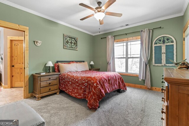 210 Lake Pines Rd, Jackson, GA 30233 - bedroom with a ceiling fan, visible vents, carpet, baseboards, and ornamental molding