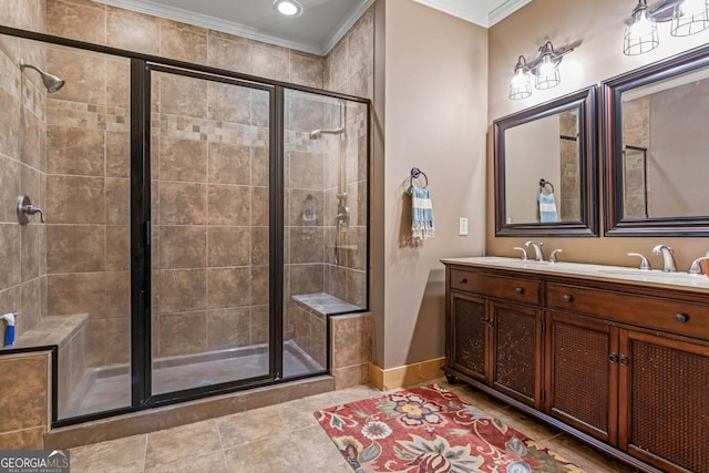 210 Lake Pines Rd, Jackson, GA 30233 - bathroom with crown molding, a sink, and a shower stall