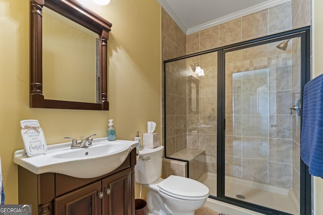 210 Lake Pines Rd, Jackson, GA 30233 - bathroom with toilet, a stall shower, crown molding, and vanity