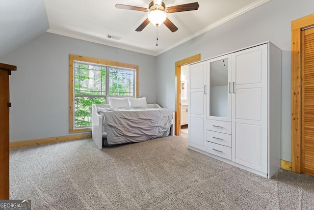 210 Lake Pines Rd, Jackson, GA 30233 - carpeted bedroom featuring ornamental molding, baseboards, visible vents, a ceiling fan, and lofted ceiling