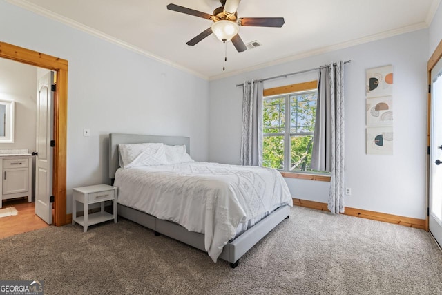 210 Lake Pines Rd, Jackson, GA 30233 - carpeted bedroom featuring baseboards, visible vents, ceiling fan, and crown molding