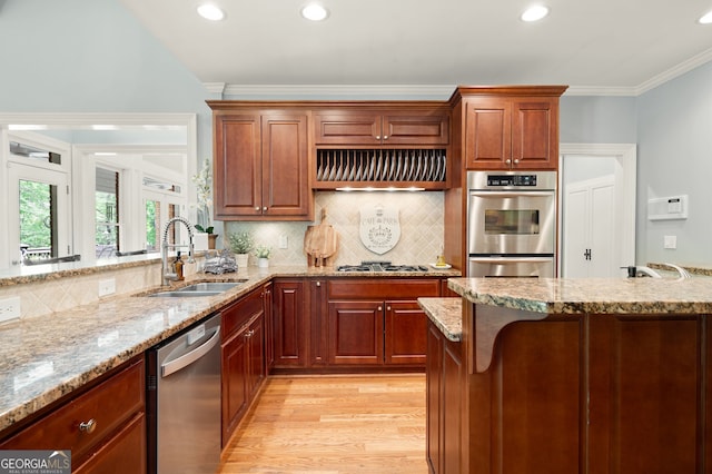 3190 Shumard Way, Marietta, GA 30064 - kitchen with stainless steel appliances, a sink, light wood-type flooring, extractor fan, and ornamental molding