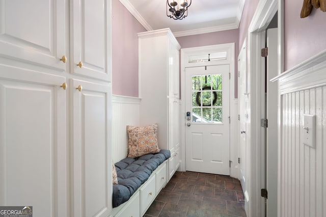 3190 Shumard Way, Marietta, GA 30064 - mudroom with stone finish flooring, crown molding, and wainscoting
