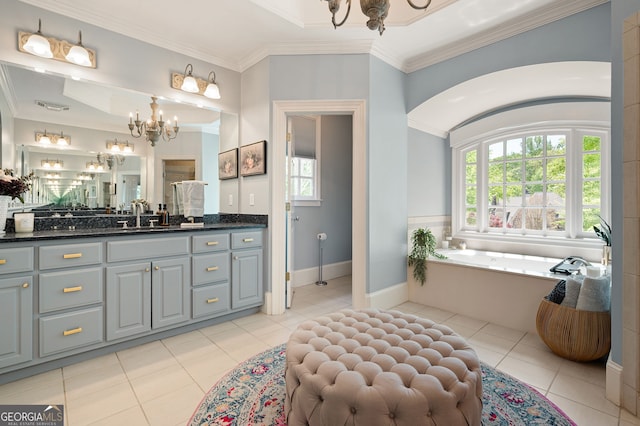 3190 Shumard Way, Marietta, GA 30064 - bathroom featuring a soaking tub, an inviting chandelier, tile patterned flooring, vanity, and ornamental molding