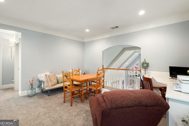 3190 Shumard Way, Marietta, GA 30064 - dining space featuring carpet flooring, arched walkways, visible vents, recessed lighting, and crown molding