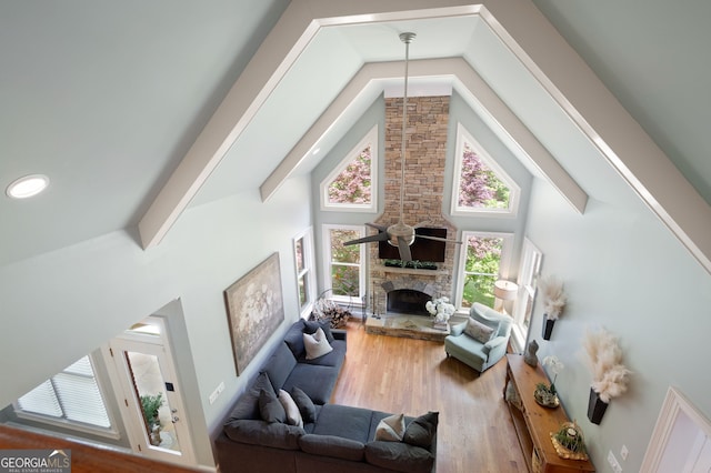 3190 Shumard Way, Marietta, GA 30064 - living room with a fireplace, wood finished floors, and high vaulted ceiling