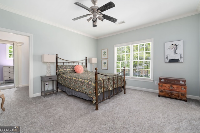 3190 Shumard Way, Marietta, GA 30064 - carpeted bedroom with ceiling fan, baseboards, crown molding, and visible vents