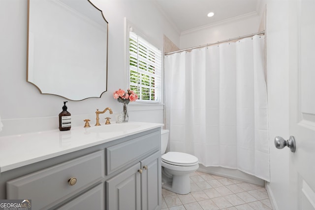 3190 Shumard Way, Marietta, GA 30064 - full bathroom with vanity, a shower with curtain, toilet, ornamental molding, and tile patterned flooring