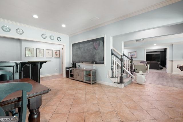 3190 Shumard Way, Marietta, GA 30064 - living room featuring baseboards, recessed lighting, ornamental molding, stairs, and light tile patterned floors
