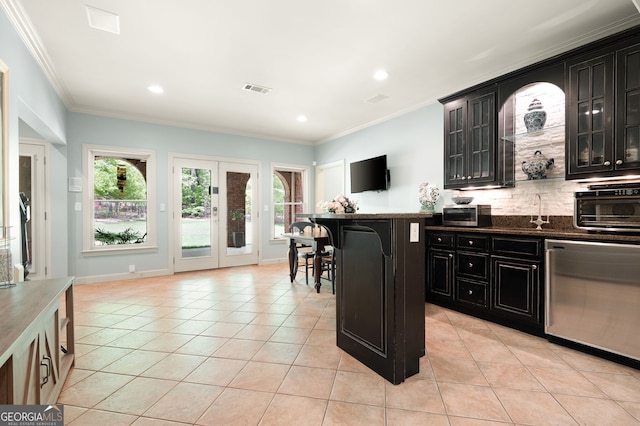 3190 Shumard Way, Marietta, GA 30064 - kitchen with backsplash, visible vents, light tile patterned floors, and dark cabinets