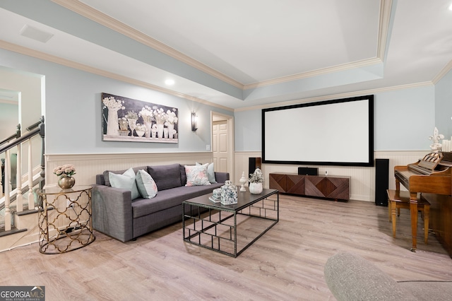 3190 Shumard Way, Marietta, GA 30064 - home theater room with a tray ceiling, wood finished floors, crown molding, and wainscoting