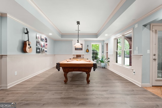 3190 Shumard Way, Marietta, GA 30064 - game room with a tray ceiling, wood finished floors, ornamental molding, pool table, and wainscoting