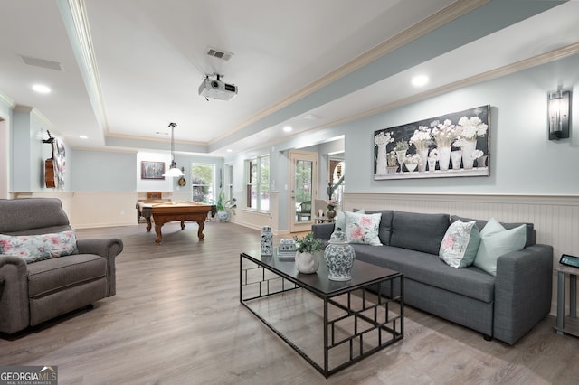 3190 Shumard Way, Marietta, GA 30064 - living area featuring a wainscoted wall, a tray ceiling, visible vents, crown molding, and pool table
