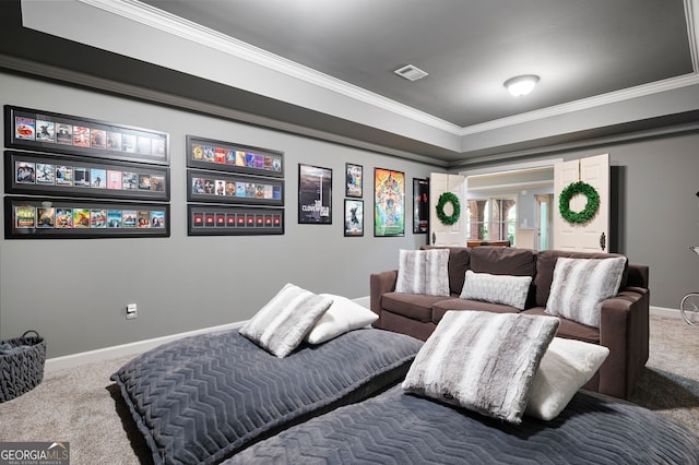 3190 Shumard Way, Marietta, GA 30064 - home theater room featuring baseboards, visible vents, carpet floors, and crown molding