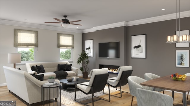living area with light wood-style flooring, recessed lighting, and ornamental molding